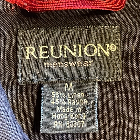 REUNION M black short-sleeve button-up linen blend shirt front pocket - Picture 4 of 4